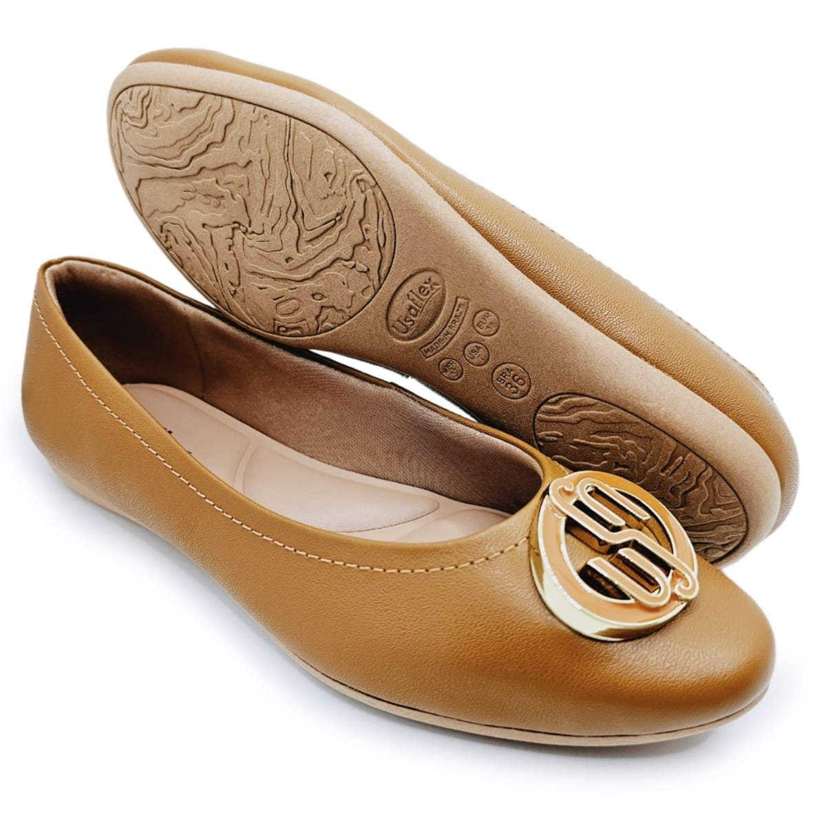 Sapatilha Usaflex em Couro com Detalhe Monograma Caramelo 5