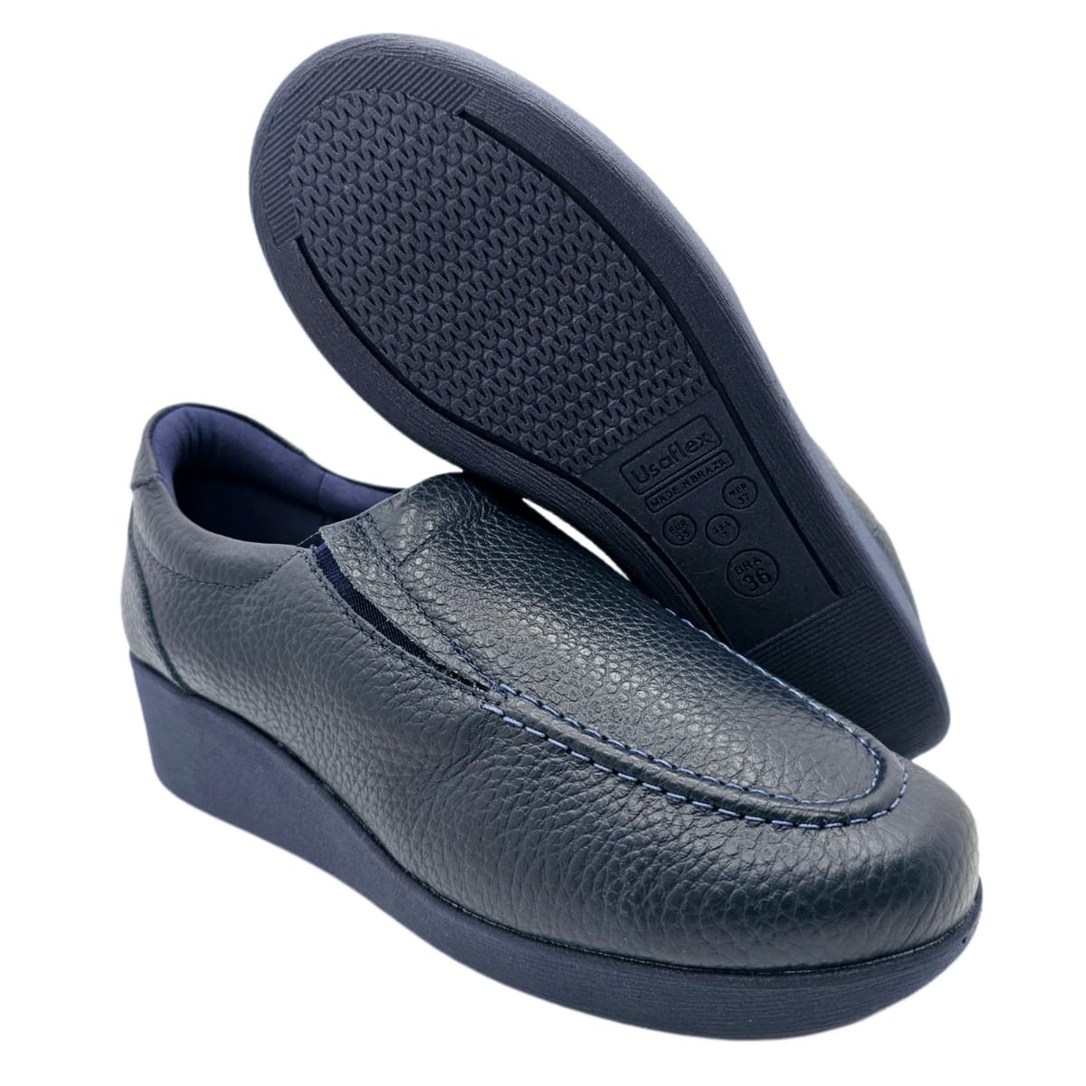 Sapato Usaflex Mocassim Anabela em Couro Relax Uniforme Marinho 5