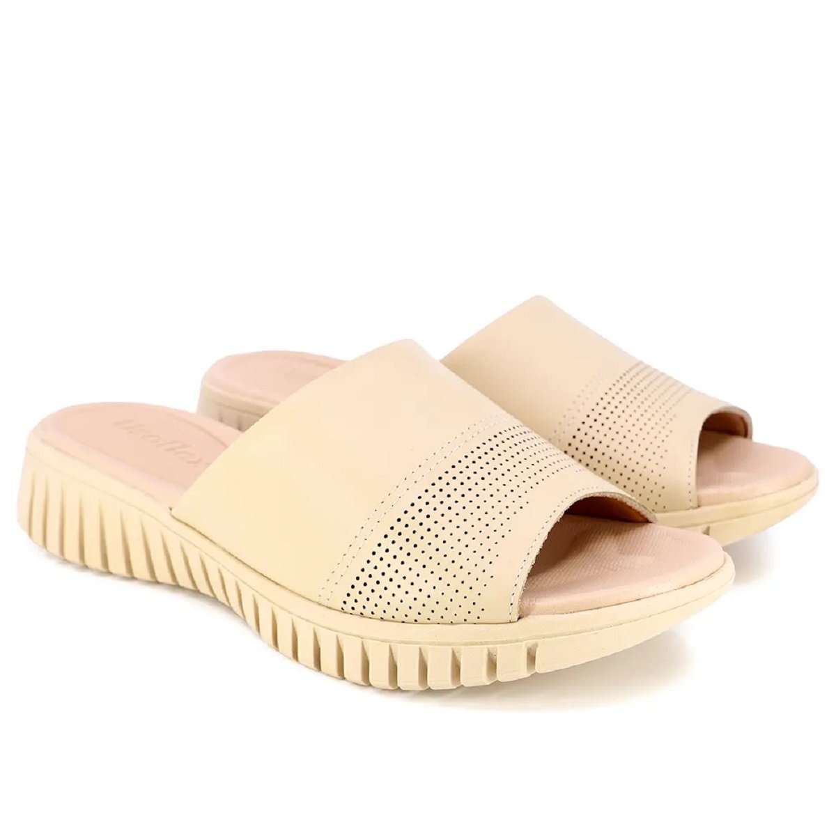 Chinelo Slide Usaflex salto plataforma com cabedal em couro Bege 2
