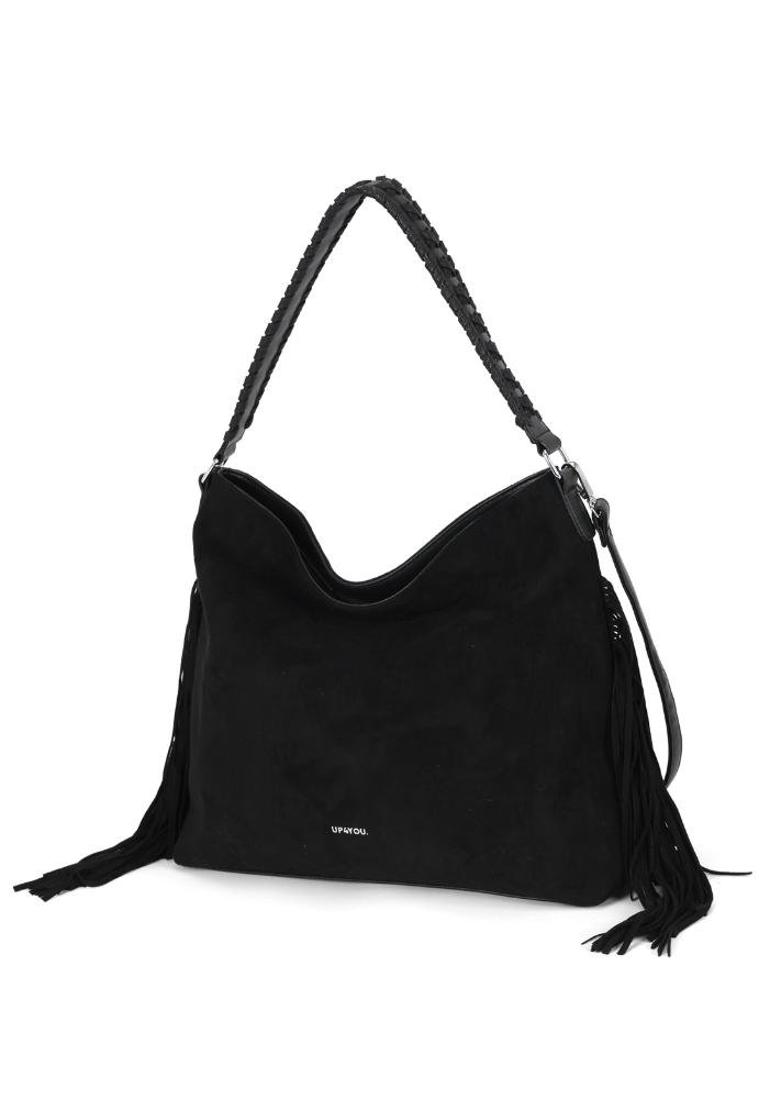 Bolsa Hobo Média de Ombro em Camurça com Franja Up4you Preto 2
