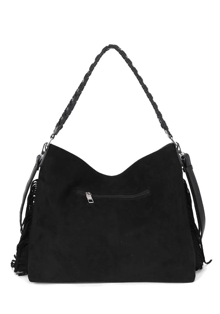 Bolsa Hobo Média de Ombro em Camurça com Franja Up4you Preto 3