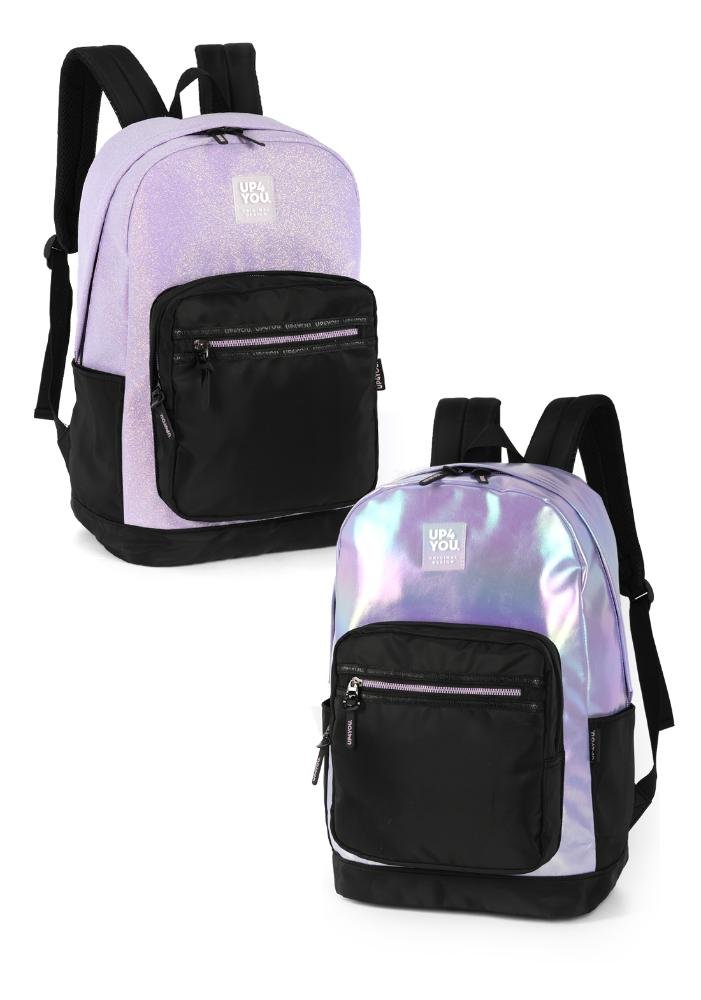 Mochila de Costas Média Juvenil Básica Glitter Up4you Preto/Lilás 8