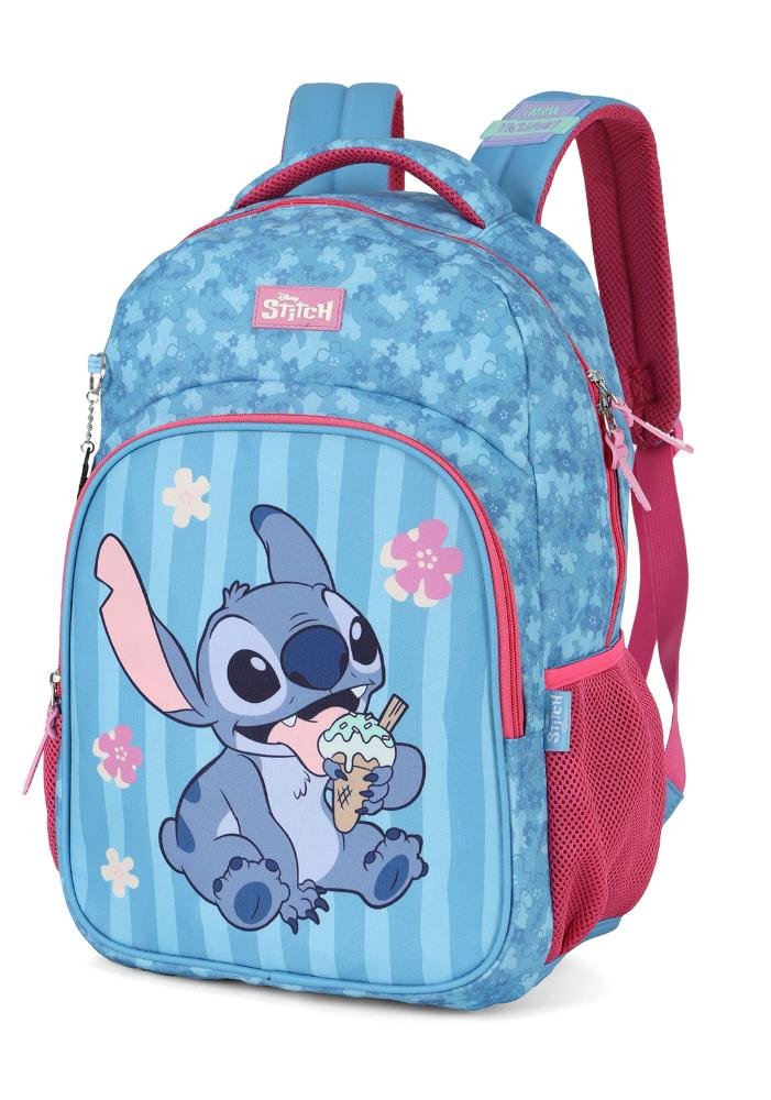 Mochila de Costas Média Juvenil Stitch e Angel com Chaveiro