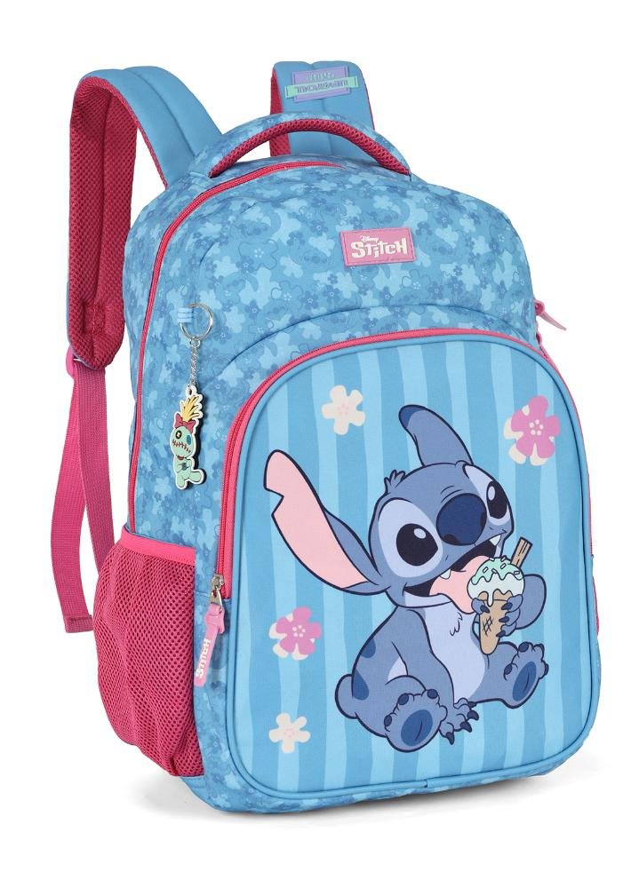 Mochila de Costas Média Juvenil Stitch e Angel com Chaveiro Azul/Rosa 2