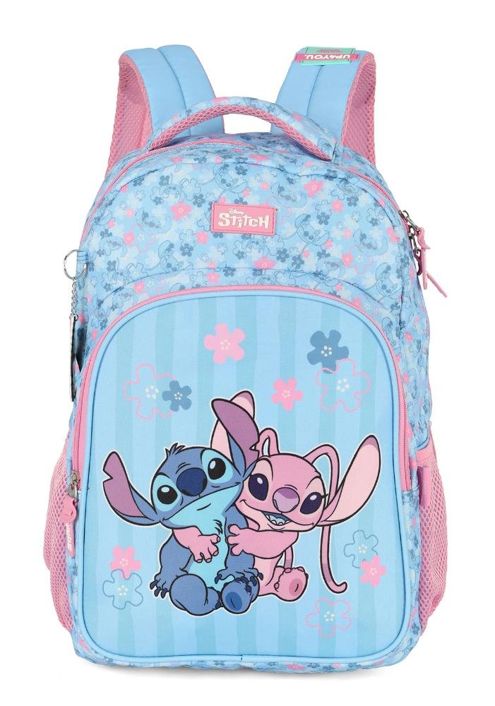 Mochila de Costas Média Juvenil Stitch e Angel com Chaveiro