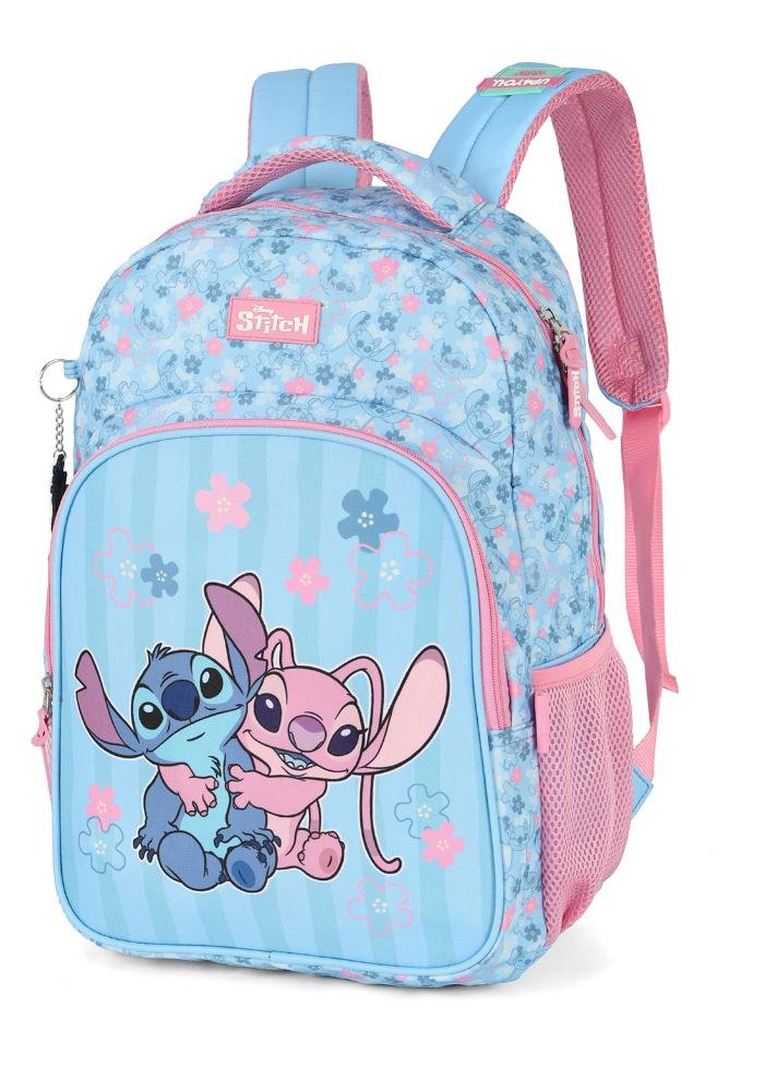 Mochila de Costas Média Juvenil Stitch e Angel com Chaveiro Azul/Rosa 2