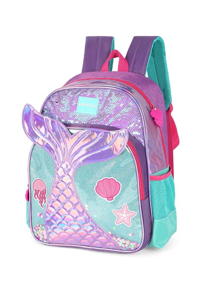 Mochila de Costas Média Infantil Holográfica Sereia Paetê Up4you Roxo/Verde 2