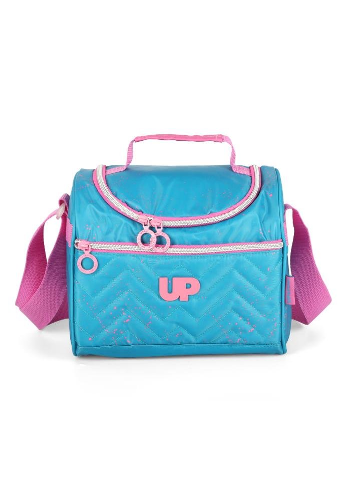 Lancheira Escolar Juvenil Média Transversal Matelassê Chevron com Bolso Up4you Azul 1