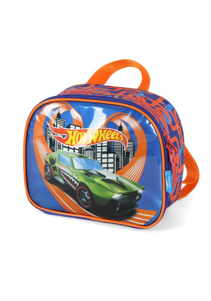 Lancheira Escolar Infantil Pequena de Costas Hotwheels Azul/Laranja 2