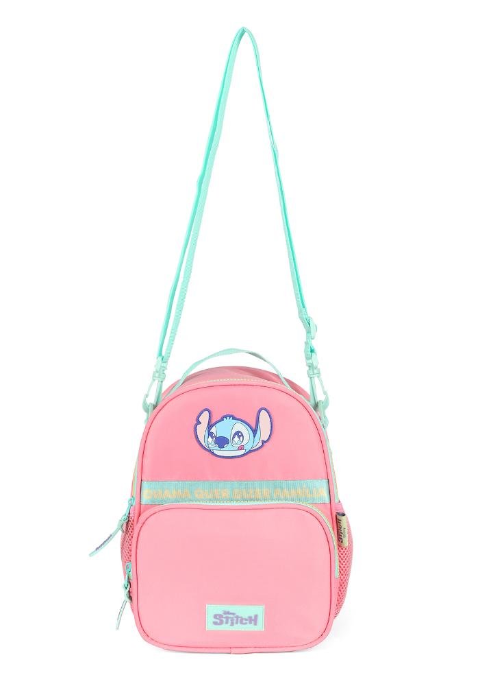 Lancheira Escolar Infantil Pequena Náilon Stitch Disney Rosa 4