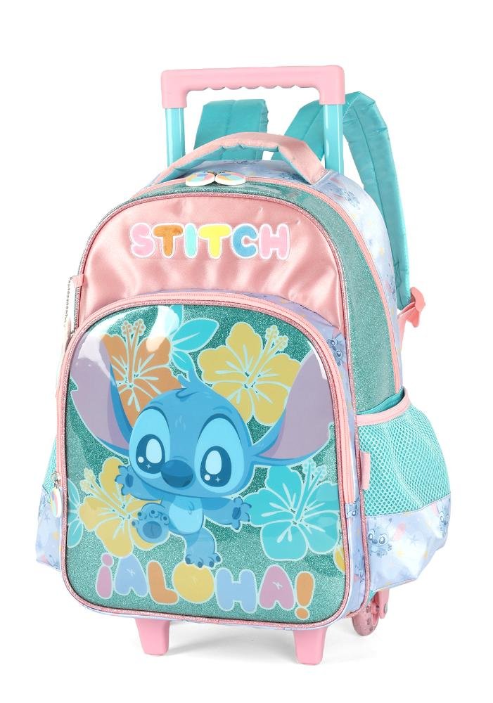 Mochila de Rodinhas Pequena Infantil de Costas Aloha Stitch Verde/Rosa 2