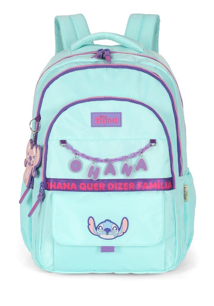 Mochila de Costas Média Juvenil Náilon Notebook Ohana Stitch com Chaveiro