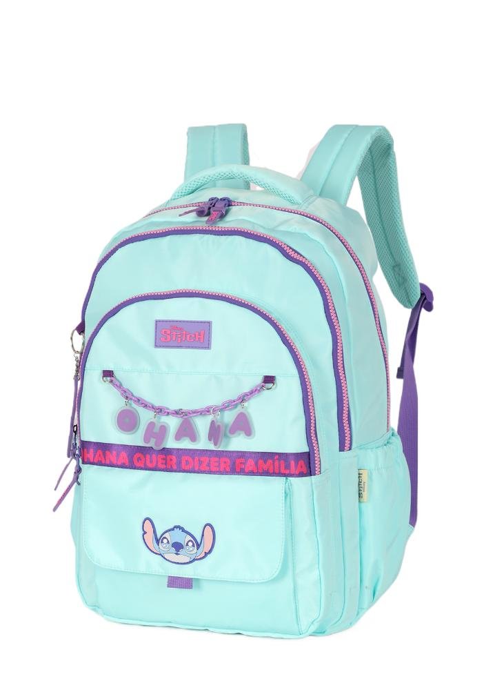 Mochila de Costas Média Juvenil Náilon Notebook Ohana Stitch com Chaveiro Verde 2