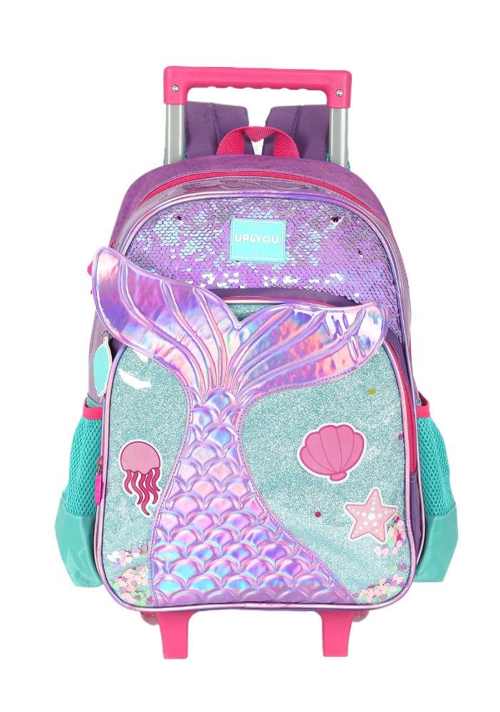 Mochila de Rodinhas Média Infantil de Costas Holográfica Sereia Paetê Up4you