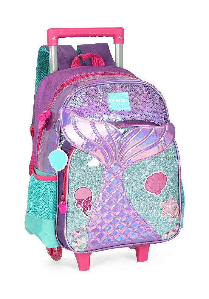 Mochila de Rodinhas Média Infantil de Costas Holográfica Sereia Paetê Up4you Roxo 3