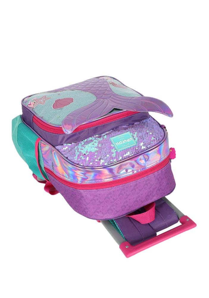 Mochila de Rodinhas Média Infantil de Costas Holográfica Sereia Paetê Up4you Roxo 5