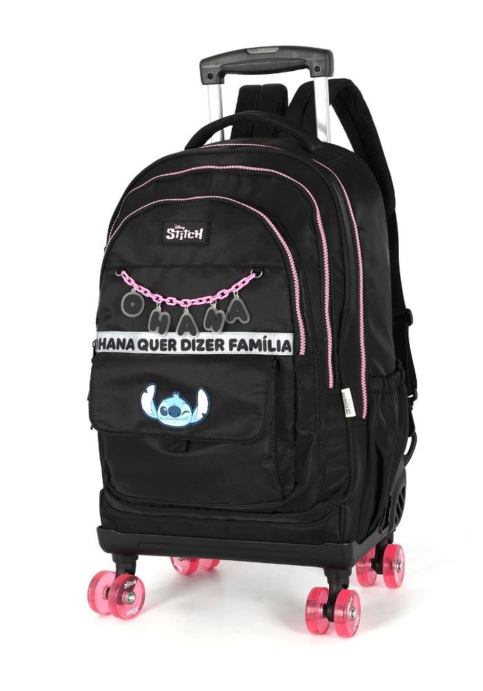 Mochila de Rodinhas Skate Média Juvenil Náilon Notebook Ohana Stitch com Chaveiro Preto 2