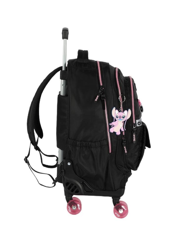 Mochila de Rodinhas Skate Média Juvenil Náilon Notebook Ohana Stitch com Chaveiro Preto 3