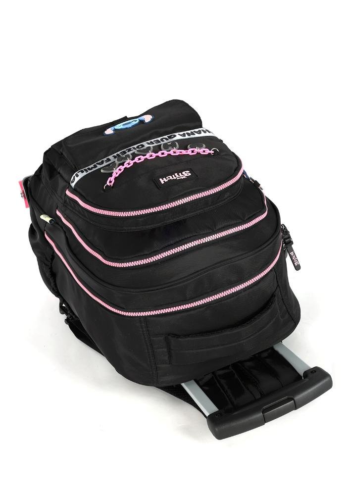 Mochila de Rodinhas Skate Média Juvenil Náilon Notebook Ohana Stitch com Chaveiro Preto 4
