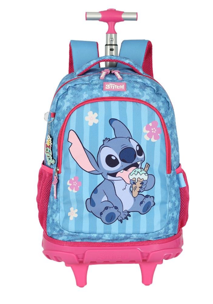 Mochila de Rodinhas Média Juvenil de Costas Stitch e Angel com Chaveiro