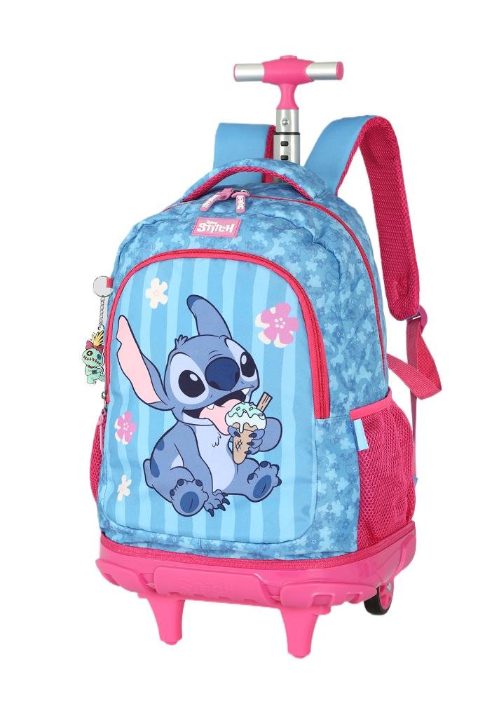 Mochila de Rodinhas Média Juvenil de Costas Stitch e Angel com Chaveiro Azul 2