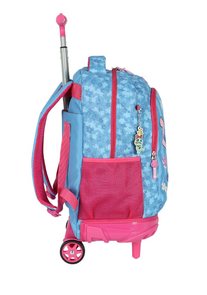 Mochila de Rodinhas Média Juvenil de Costas Stitch e Angel com Chaveiro Azul 3