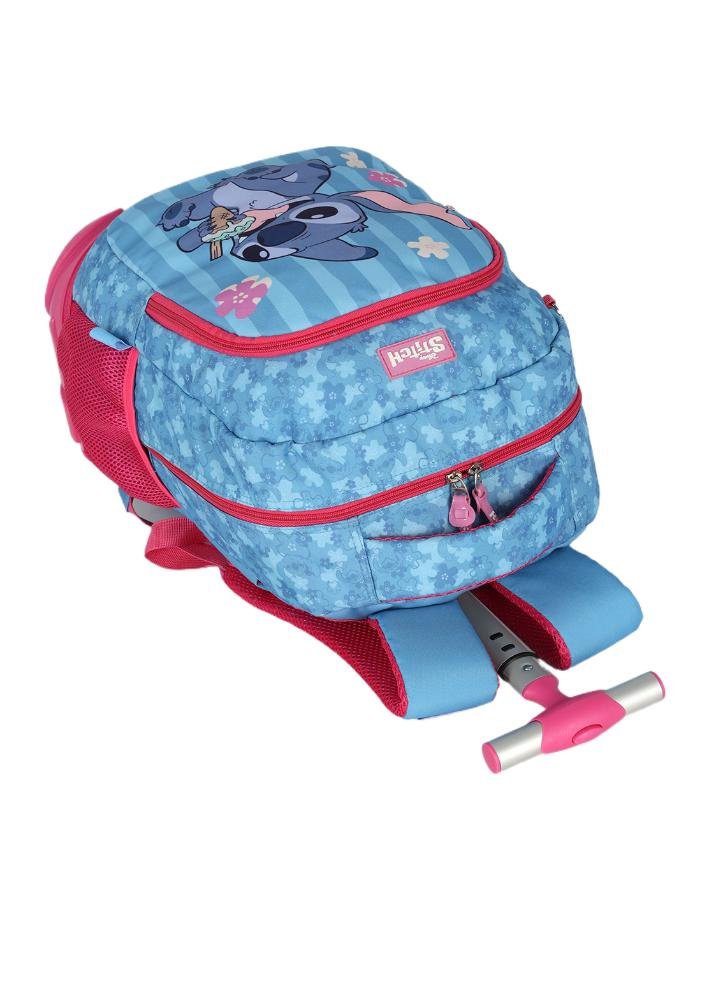 Mochila de Rodinhas Média Juvenil de Costas Stitch e Angel com Chaveiro Azul 4