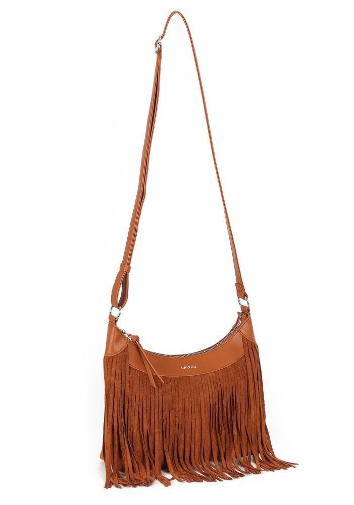 Bolsa Feminina Transversal Camurça Fringe By Up4you Marrom 2