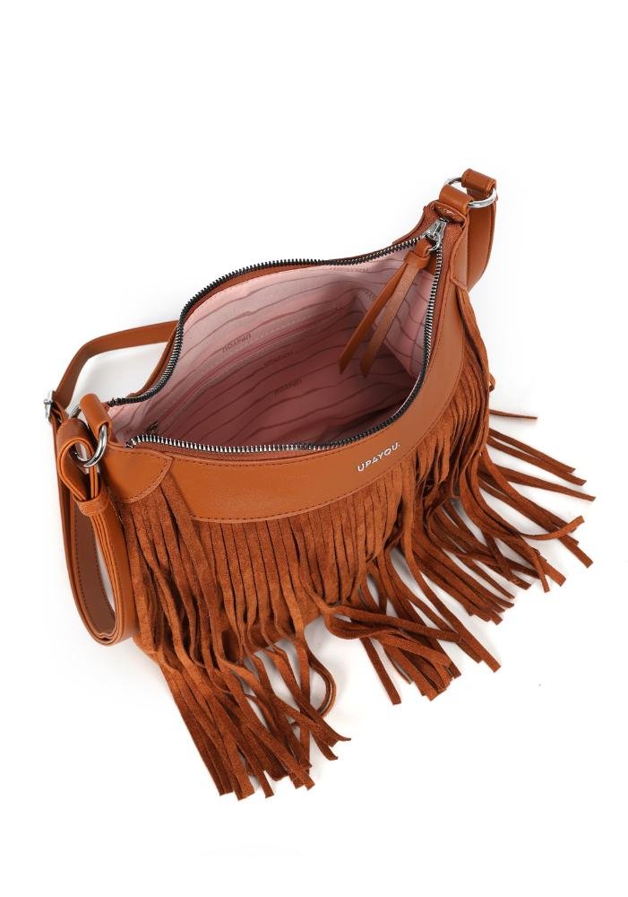 Bolsa Feminina Transversal Camurça Fringe By Up4you Marrom 6