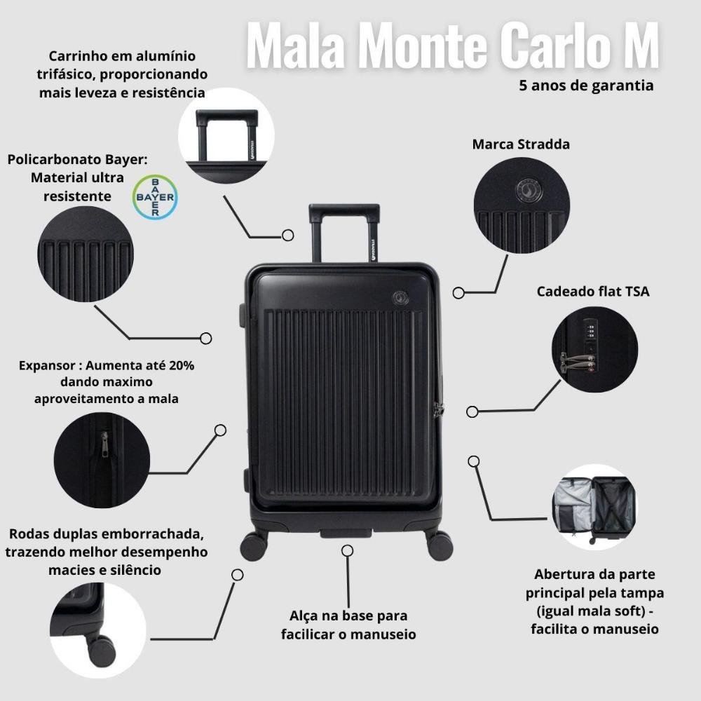 Mala Média 23kg com Rodas Giro 360º Policarbonato Monte Carlo Le Postiche Preto 8