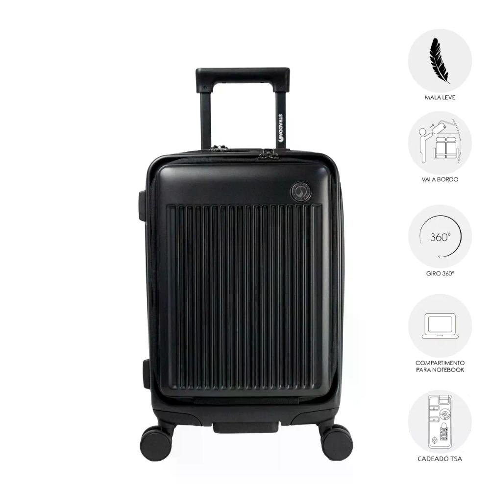 Mala Pequena de Bordo 10kg Policarbonato com Rodas 360º Monte Carlo Stradda Preto 11