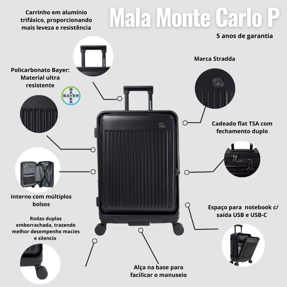 Mala Pequena de Bordo 10kg Policarbonato com Rodas 360º Monte Carlo Stradda Preto 10