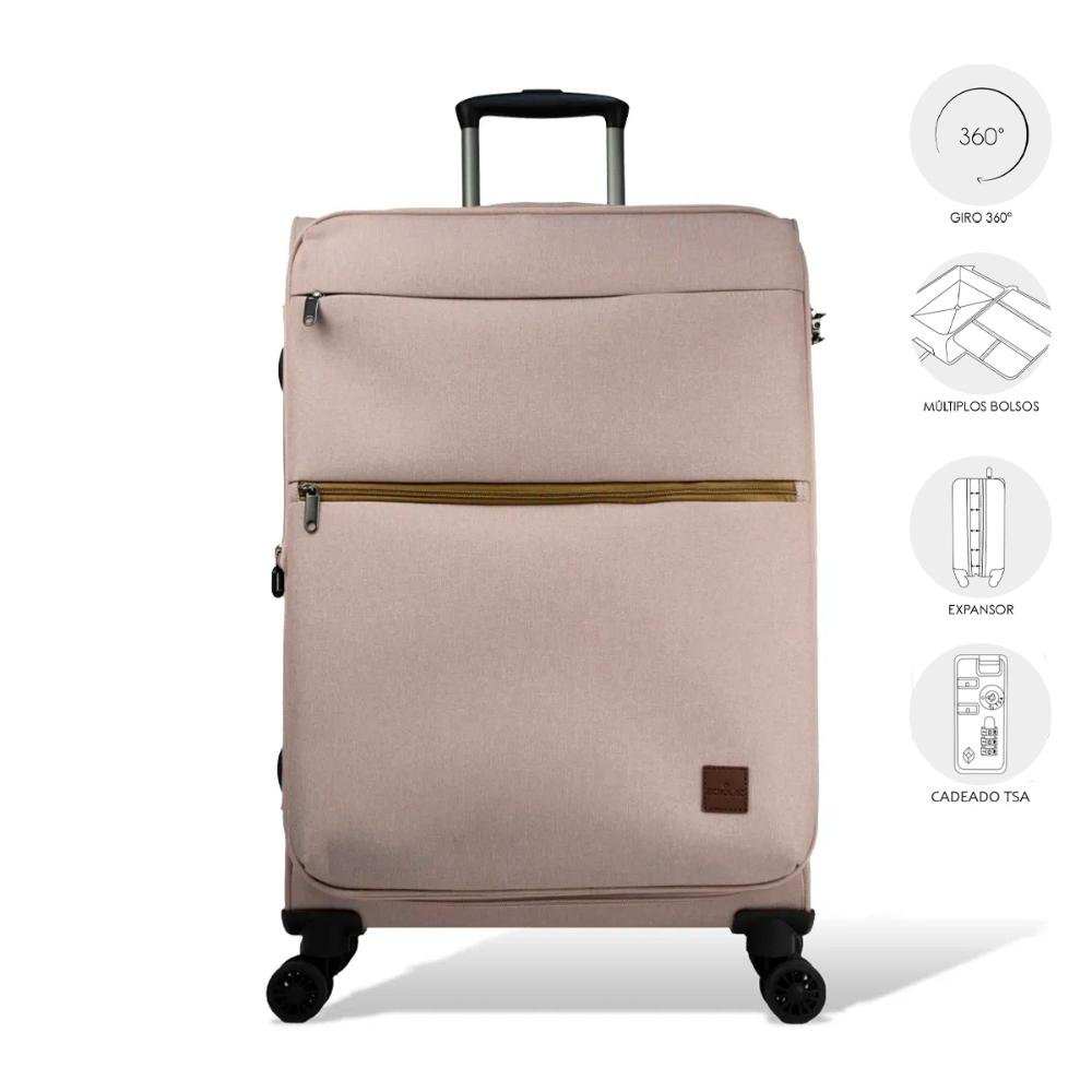 Mala Grande 32kg Poliéster com Rodas Giro 360º Soft Line Echolac Bege 10