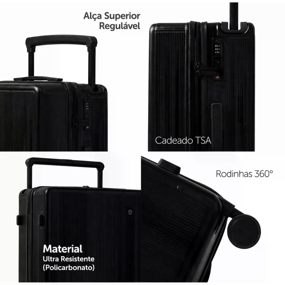 Mala Média 23kg com Rodas Giro 360º Policarbonato Florença Preto 15