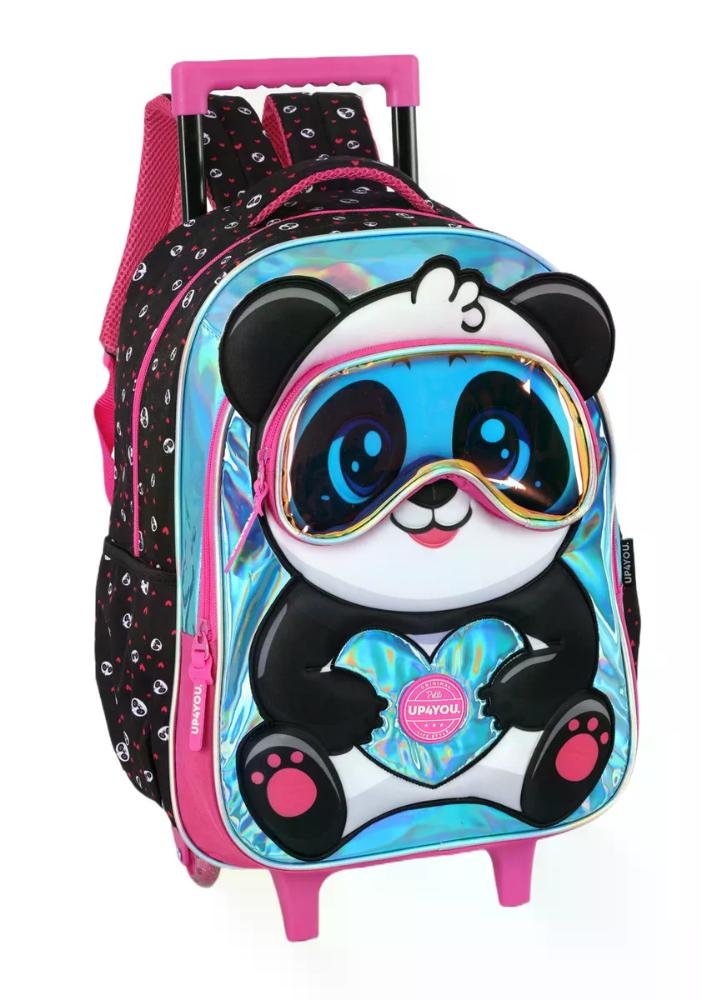 Mochila de Rodinha Infantil Panda e Gatinho Fofos Up4You Preto/Rosa 3