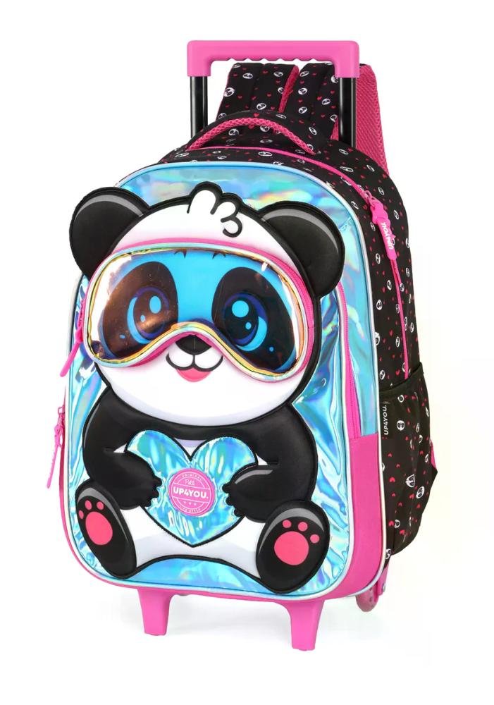 Mochila de Rodinha Infantil Panda e Gatinho Fofos Up4You Preto/Rosa 4