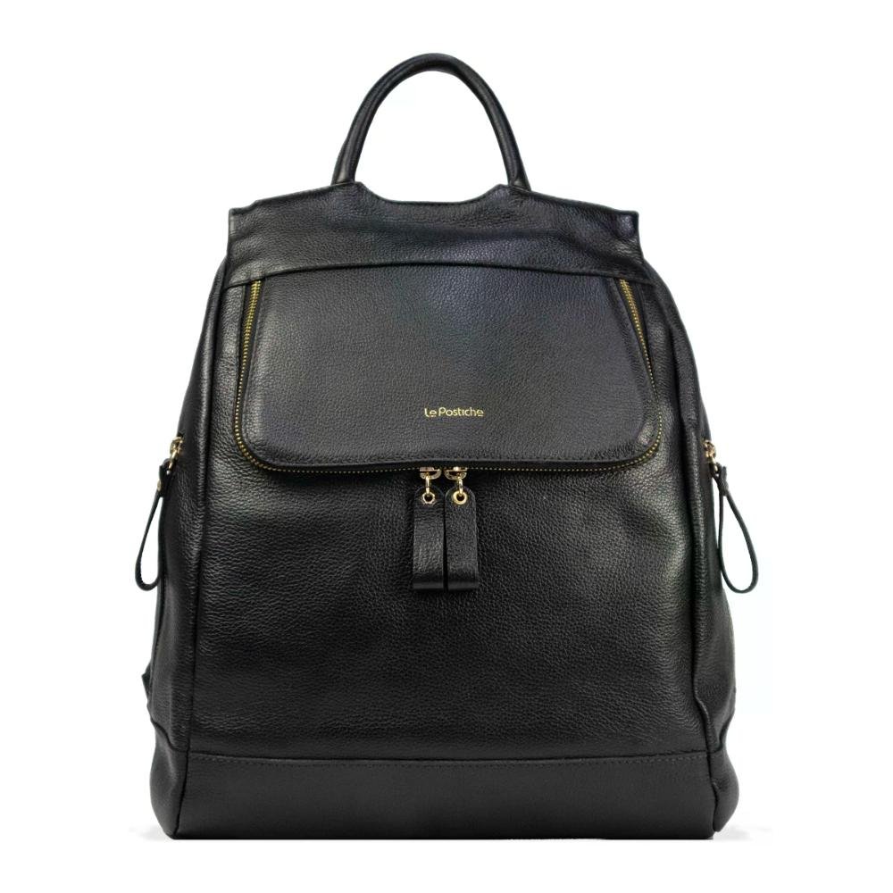 Mochila em Couro com Zíper e Bolso Frontal Le Postiche