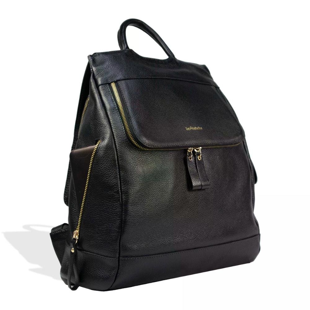 Mochila em Couro com Zíper e Bolso Frontal Le Postiche Preto 2