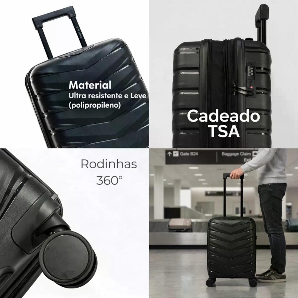 Mala Pequena de Bordo 10kg Polipropileno Rodas Giro 360° Victoria Travel Blue Preto 14