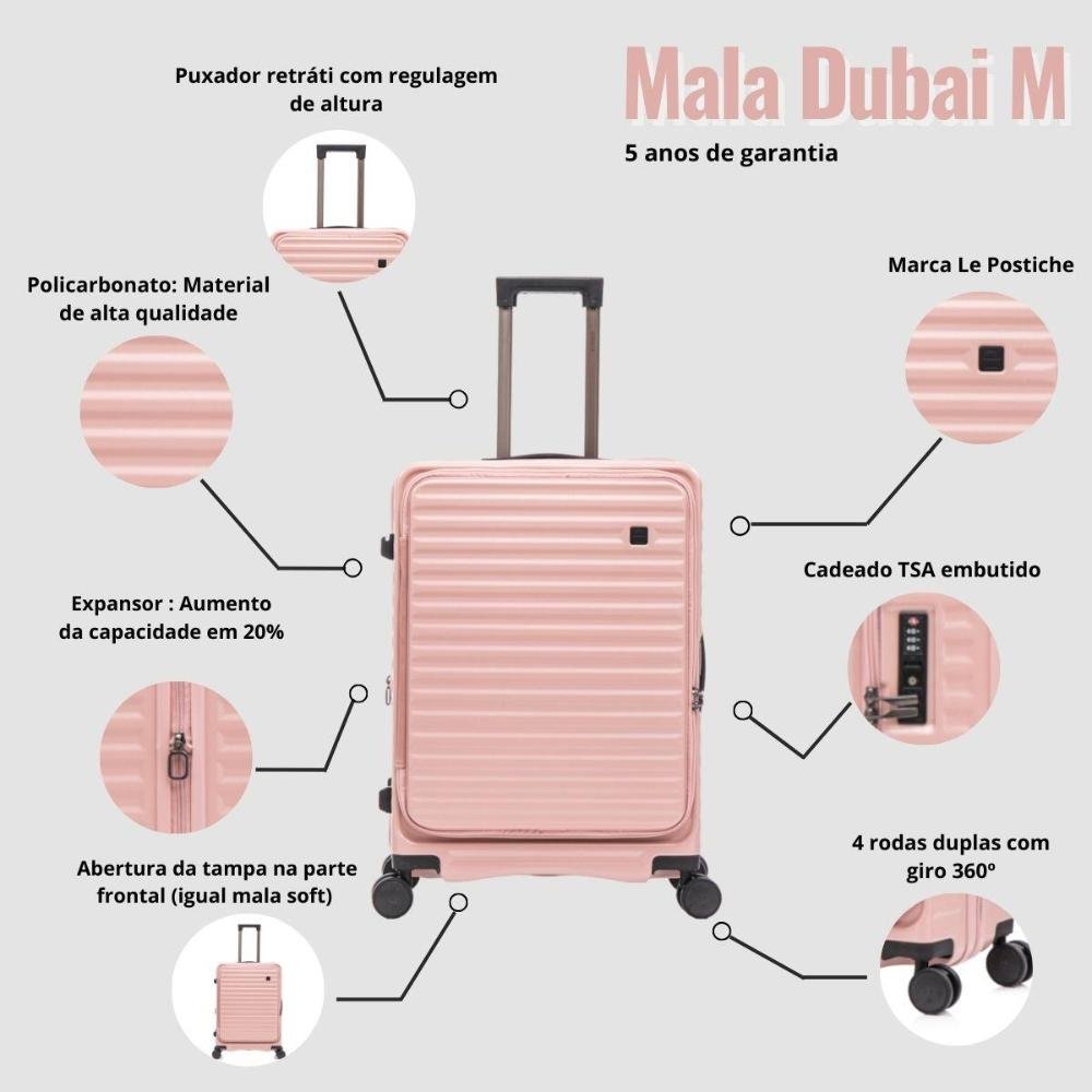 Mala Média 23kg Policarbonato Giro 360° Dubai Le Postiche Rosa 7