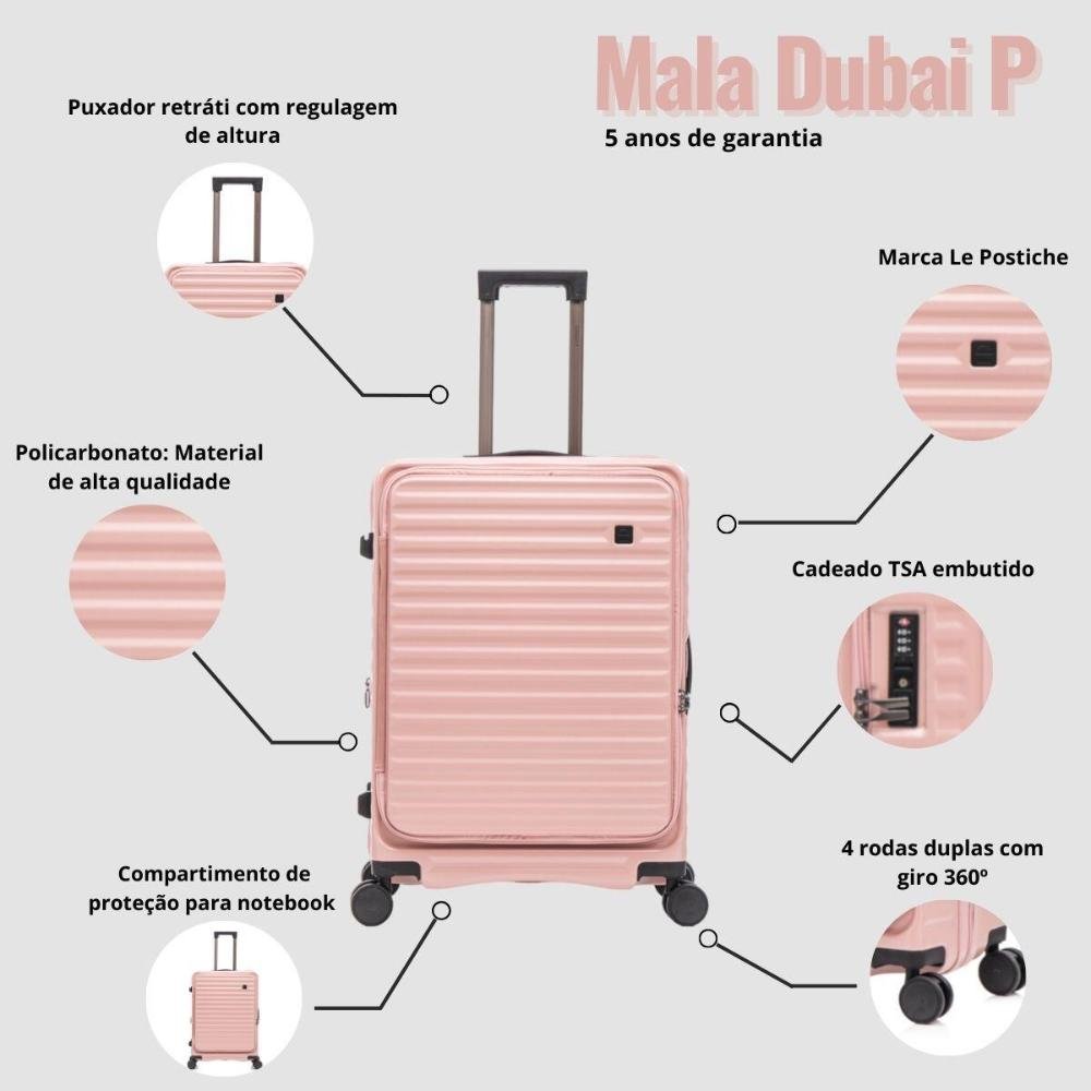 Mala Pequena de Bordo 10kg Policarbonato com Rodas Giro 360° Dubai Le Postiche Rosa 4
