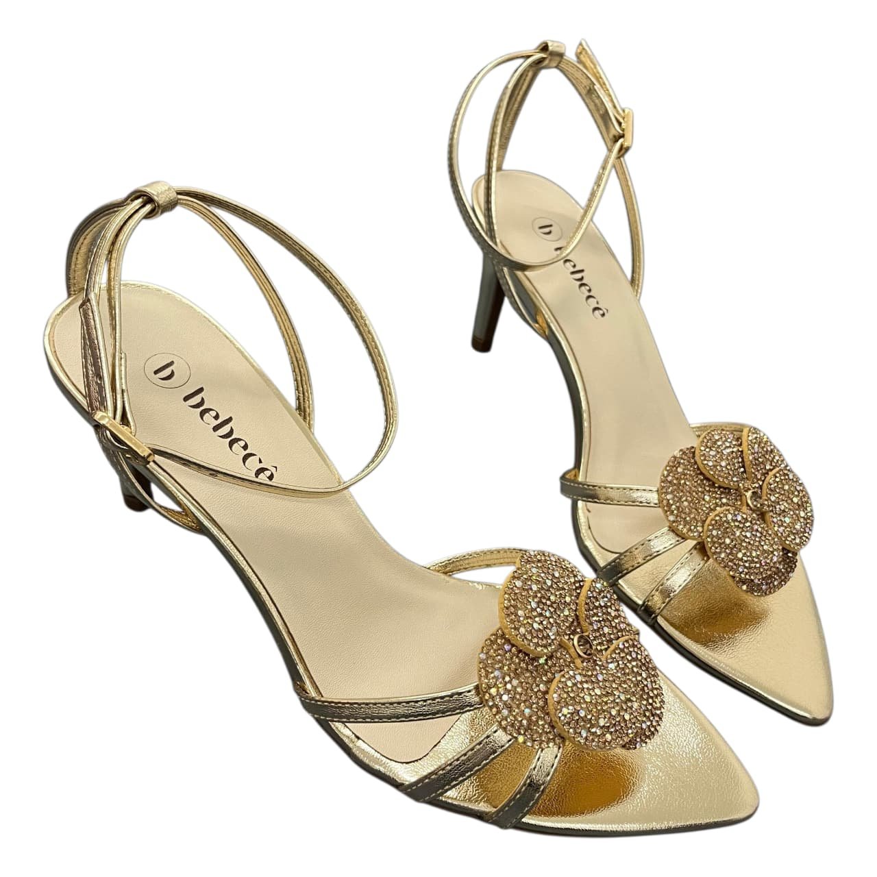 Sandália Bico Folha Salto Fino Bebecê Flor T6032-107 Dourado 6