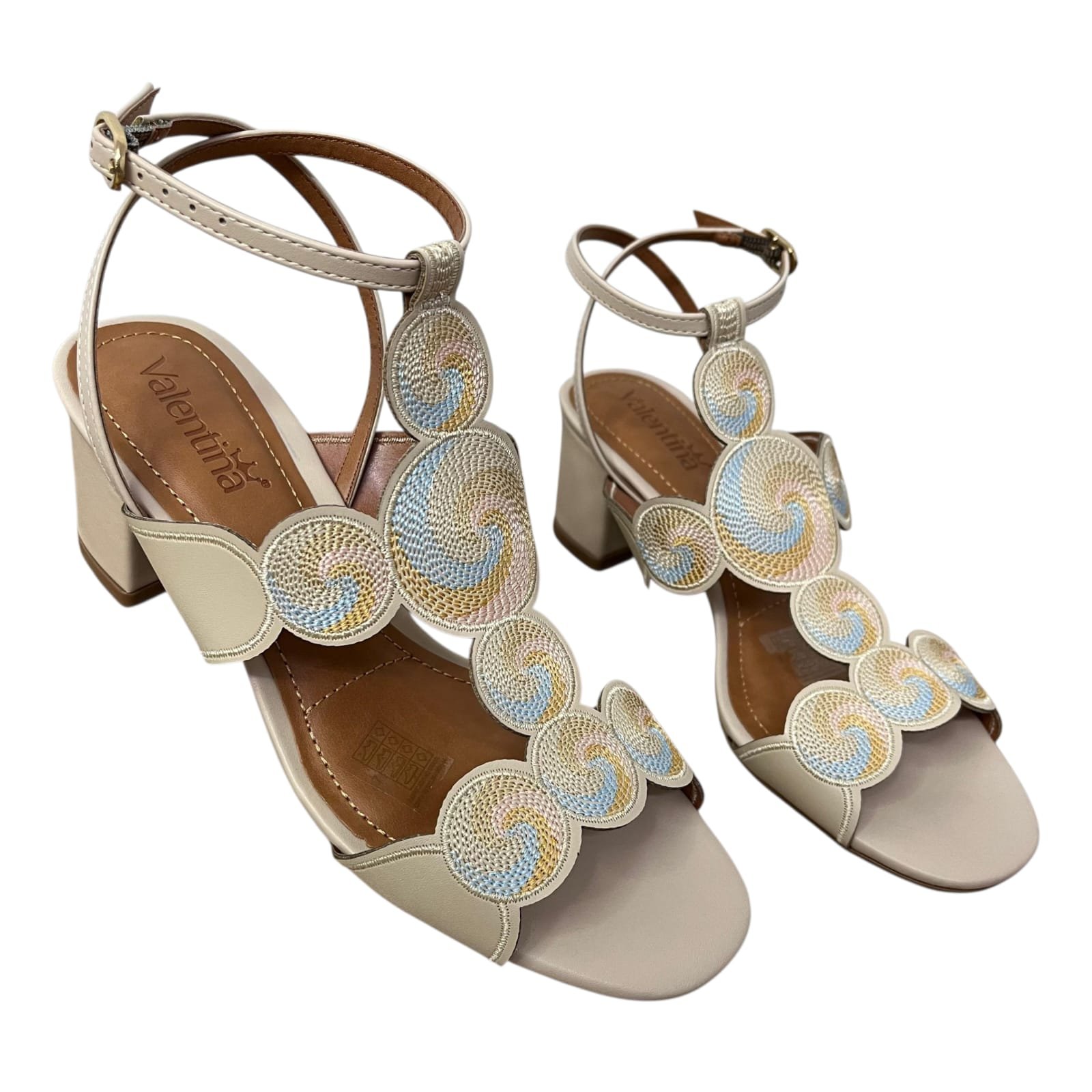 Sandália Salto Bloco Valentina Bordado 457050 Cream 5