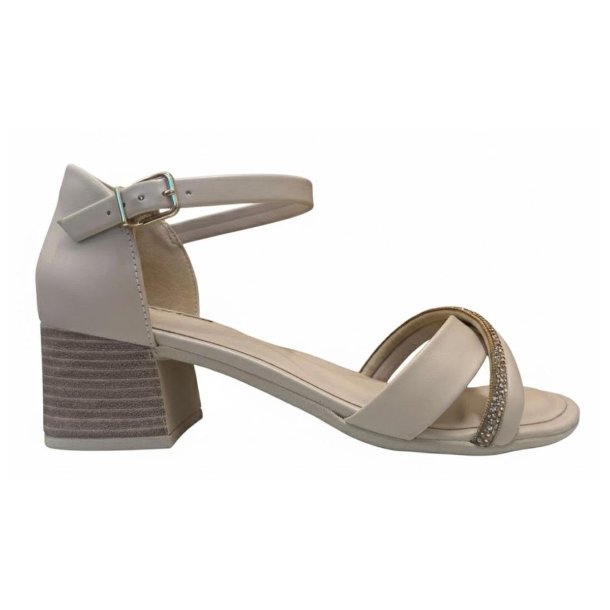 Sandália Salto Bloco Strass Casual Feminino Comfortflex 24-56403 Creme Bege 2