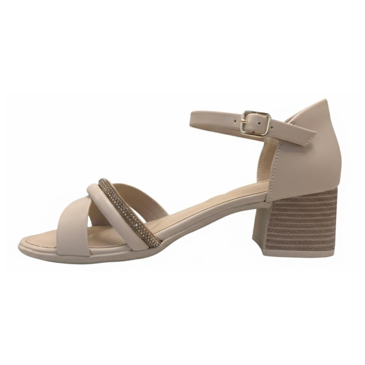 Sandália Salto Bloco Strass Casual Feminino Comfortflex 24-56403 Creme Bege 3