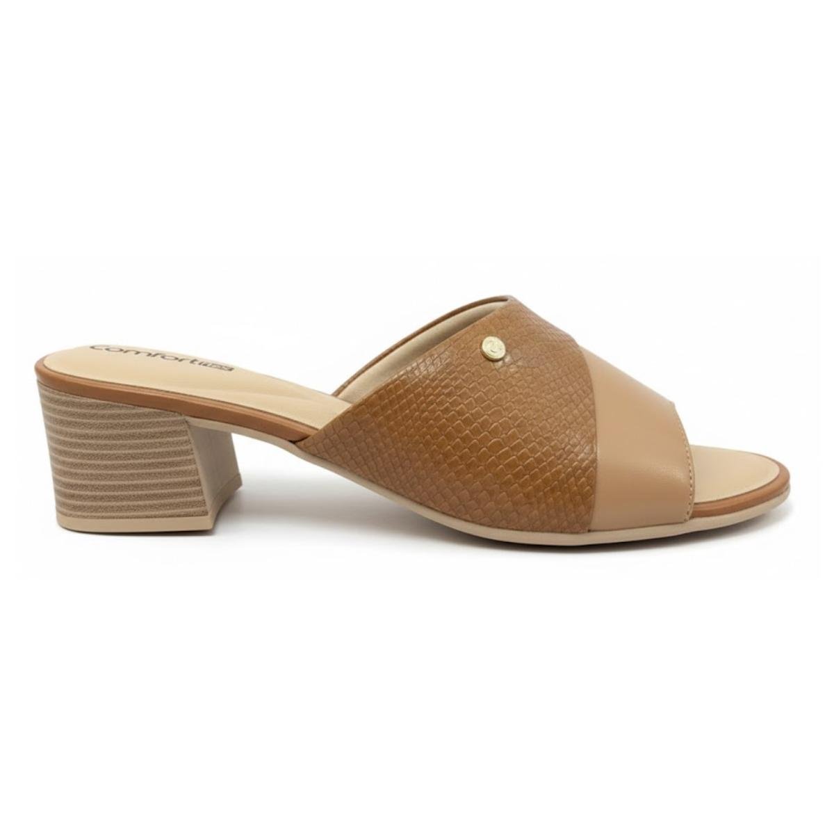 Tamanco Salto Bloco Casual Feminino Comfortflex 24-56406 Bege Marrom 2