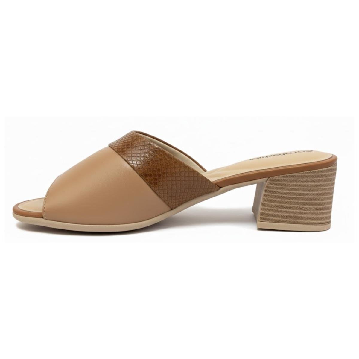 Tamanco Salto Bloco Casual Feminino Comfortflex 24-56406 Bege Marrom 3