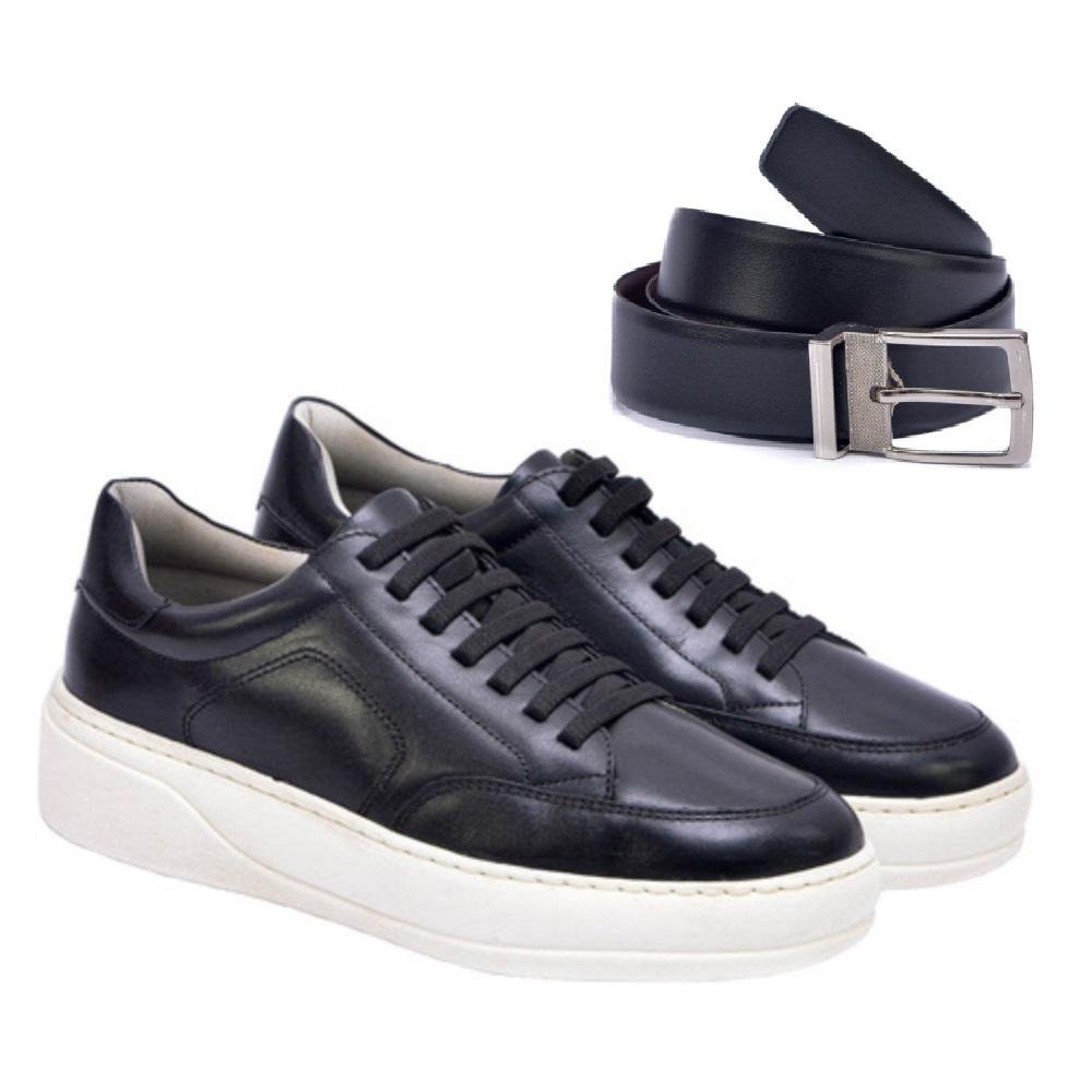 Kit Tênis Casual Ferrara 100% Couro Legítimo+ Cinto Preto 1