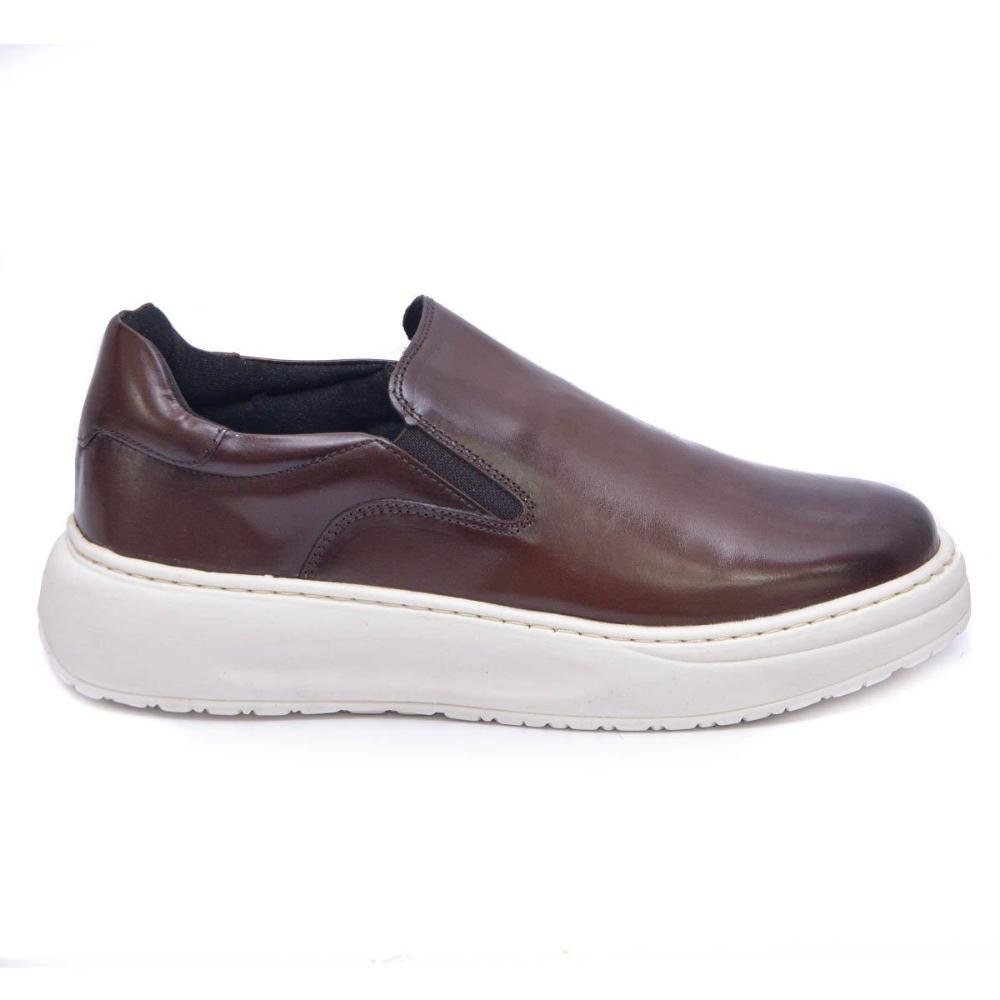 Tenis Slip On Bolt Couro Confortável Marrom 2