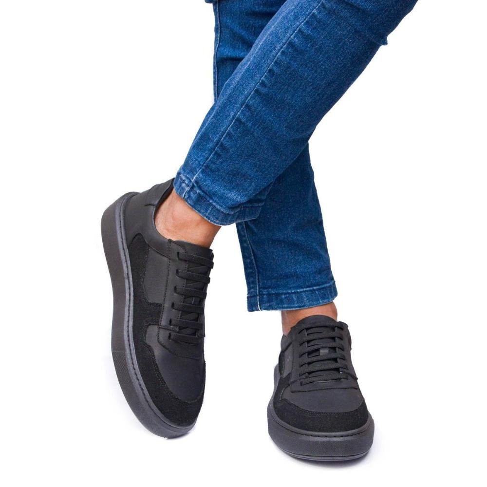 Tênis Masculino Couro Skate Leve Confortável Dia a Dia Preto 2